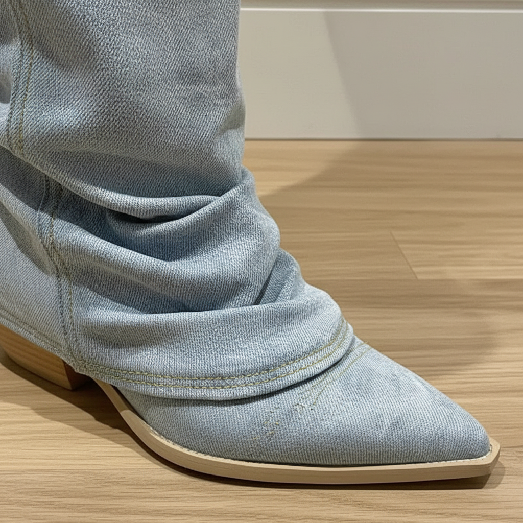Light blue denim pointed toe knee-high slouch boots for women