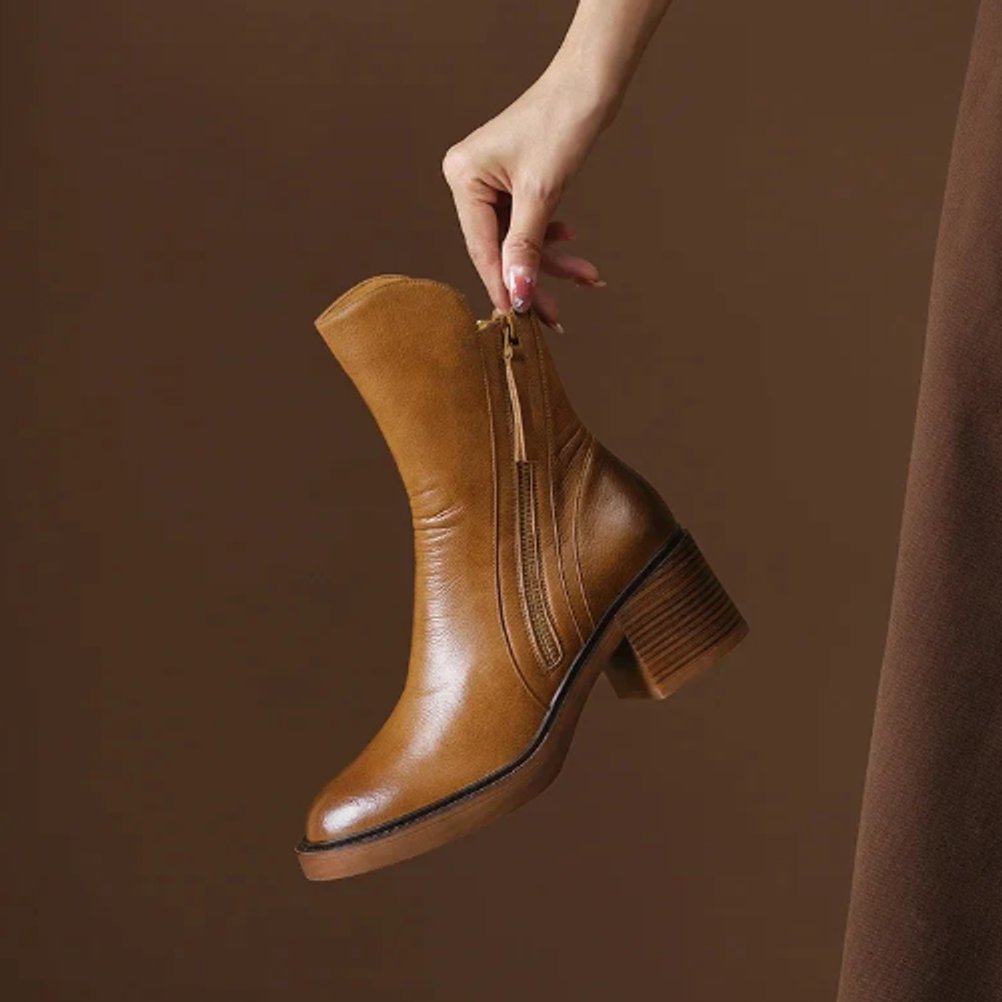 Block heel leather ankle boots for women