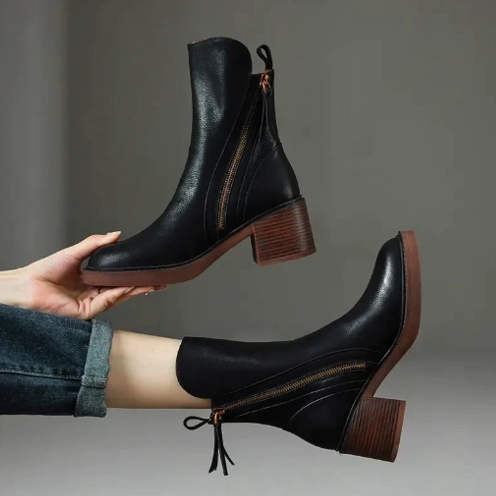 Block heel leather ankle boots for women