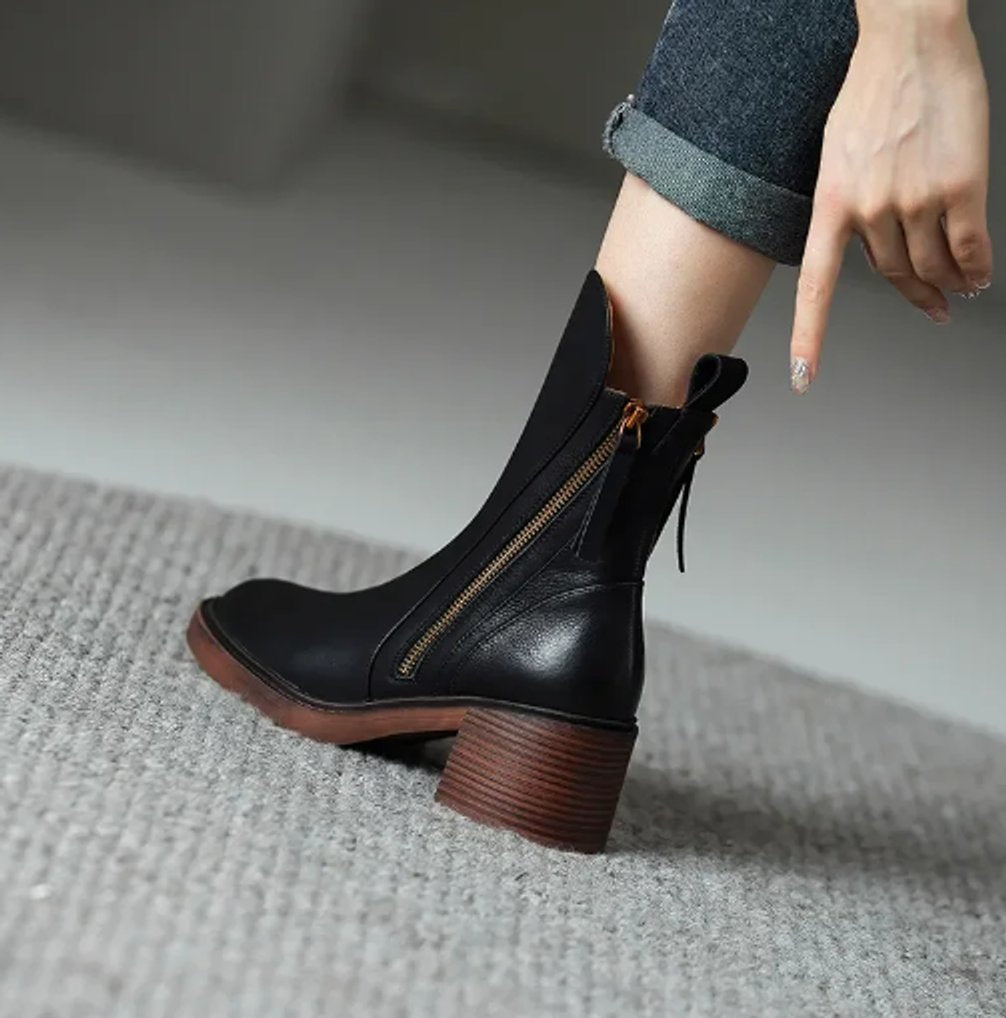 Block heel leather ankle boots for women