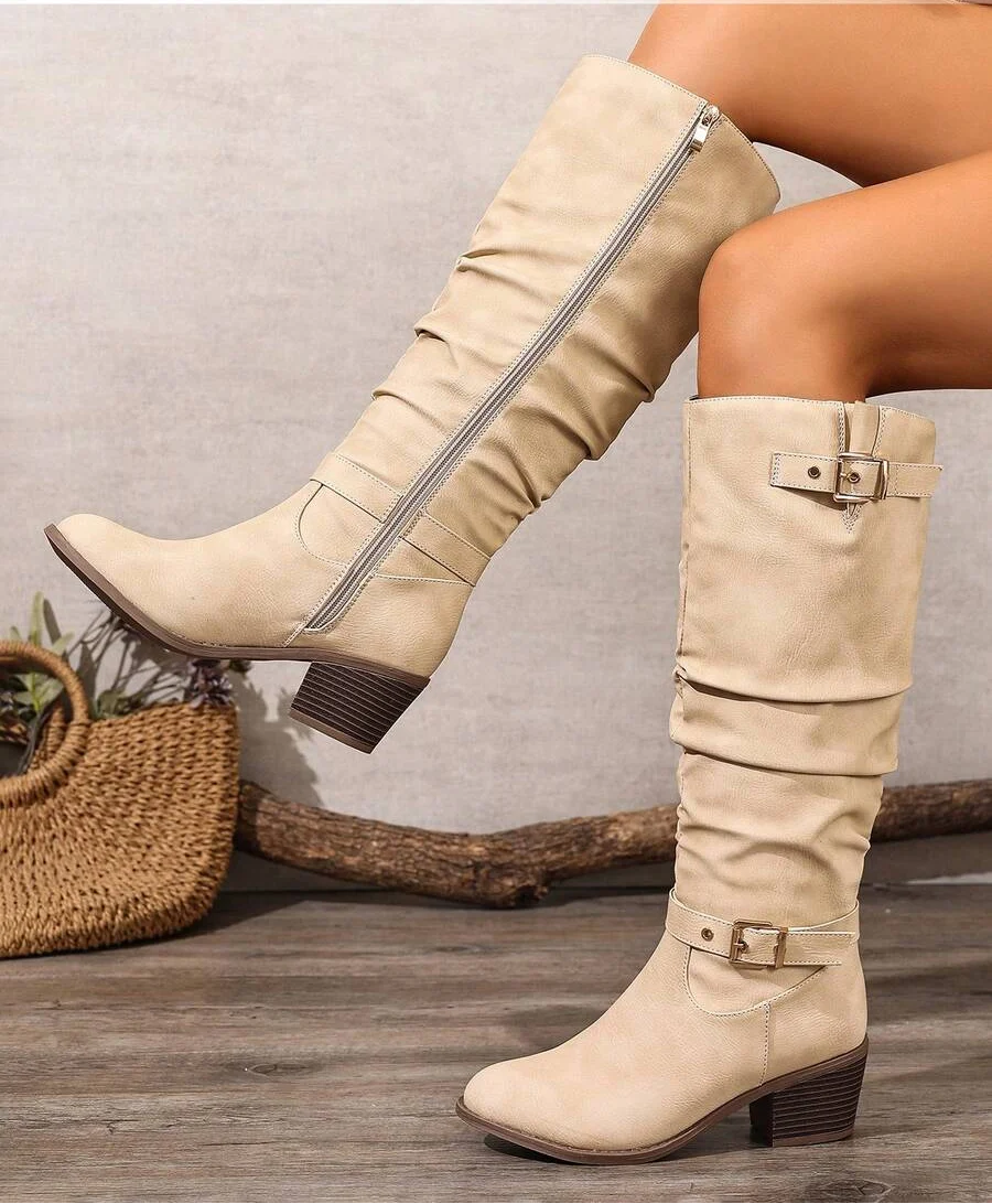 Double buckle slouch boots for women