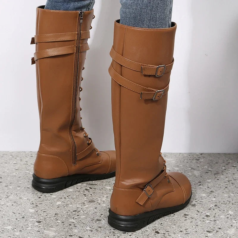 Lace-up knee-high buckle boots for women