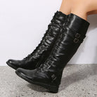 Lace-up knee-high buckle boots for women
