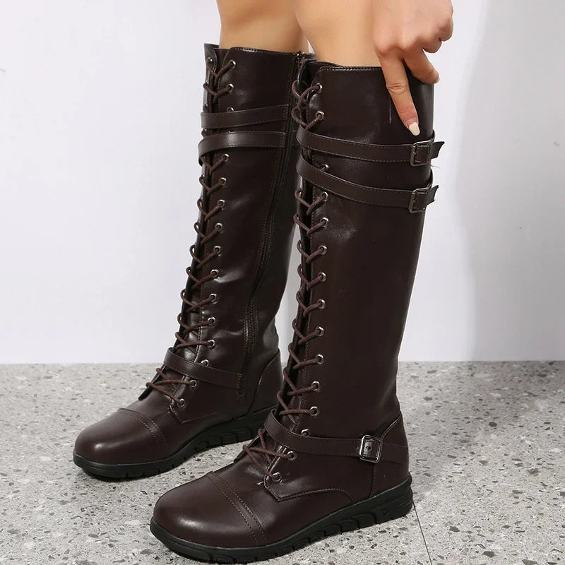 Lace-up knee-high buckle boots for women