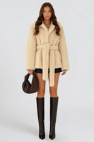 Oversized faux fur belted coat for women