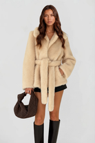 Oversized faux fur belted coat for women