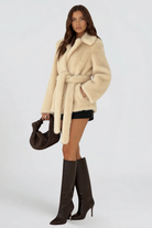 Oversized faux fur belted coat for women