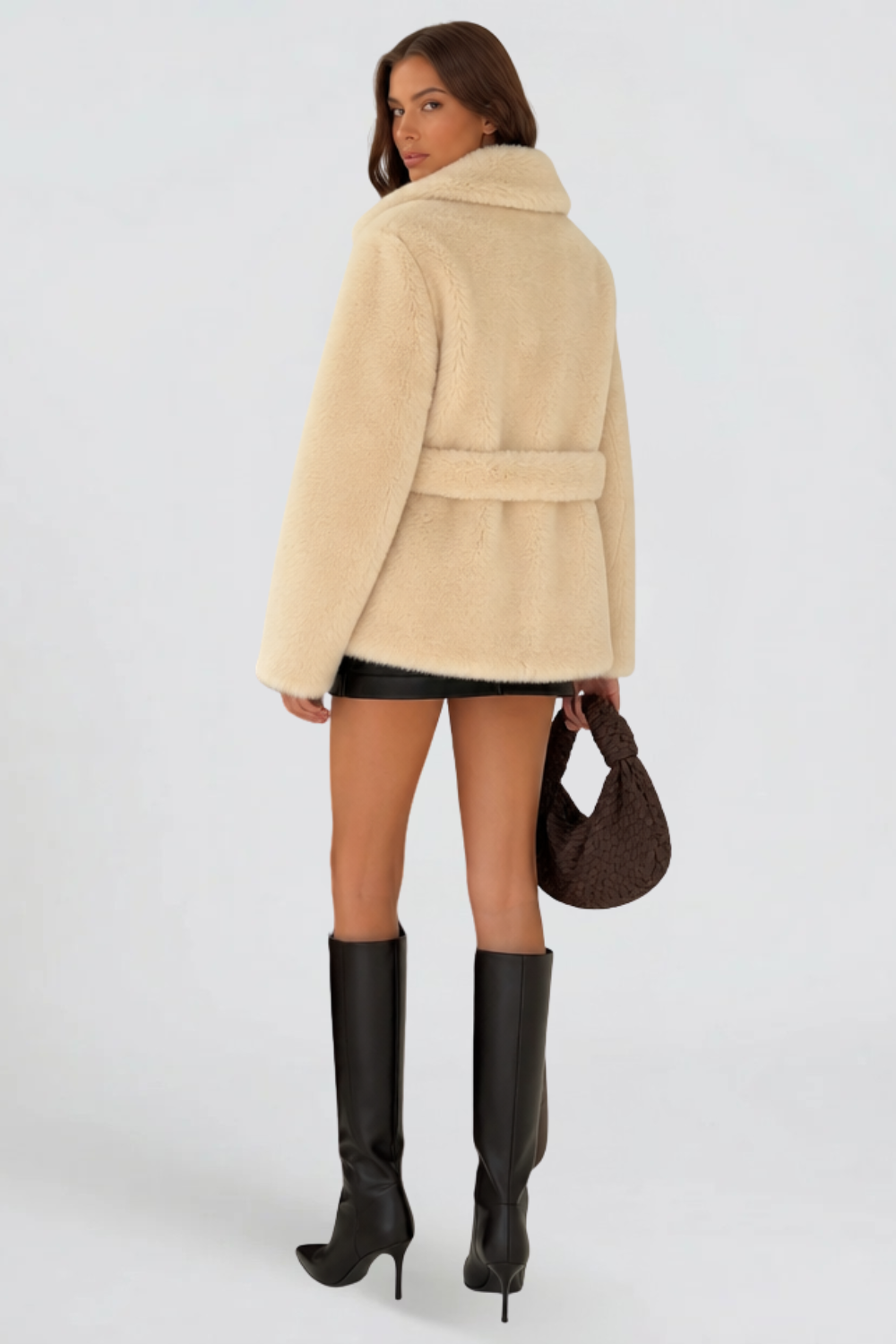 Oversized faux fur belted coat for women