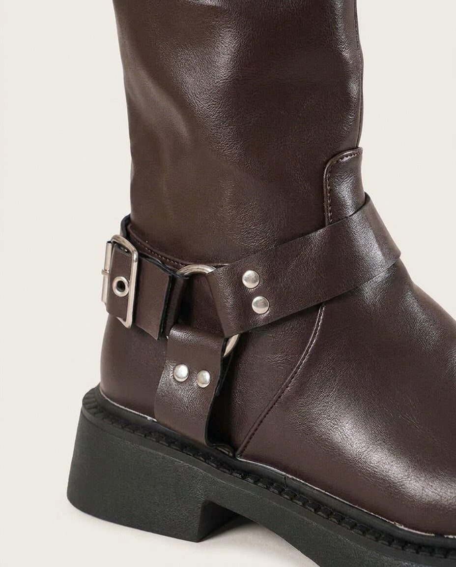 Tall buckle knee-high boots for women