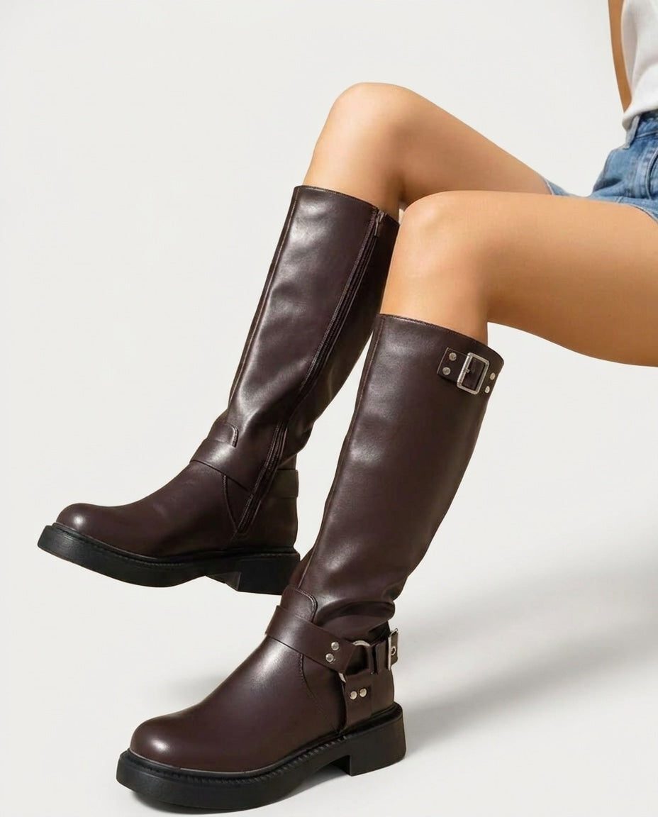 Tall buckle knee-high boots for women