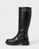 Tall buckle knee-high boots in black for women