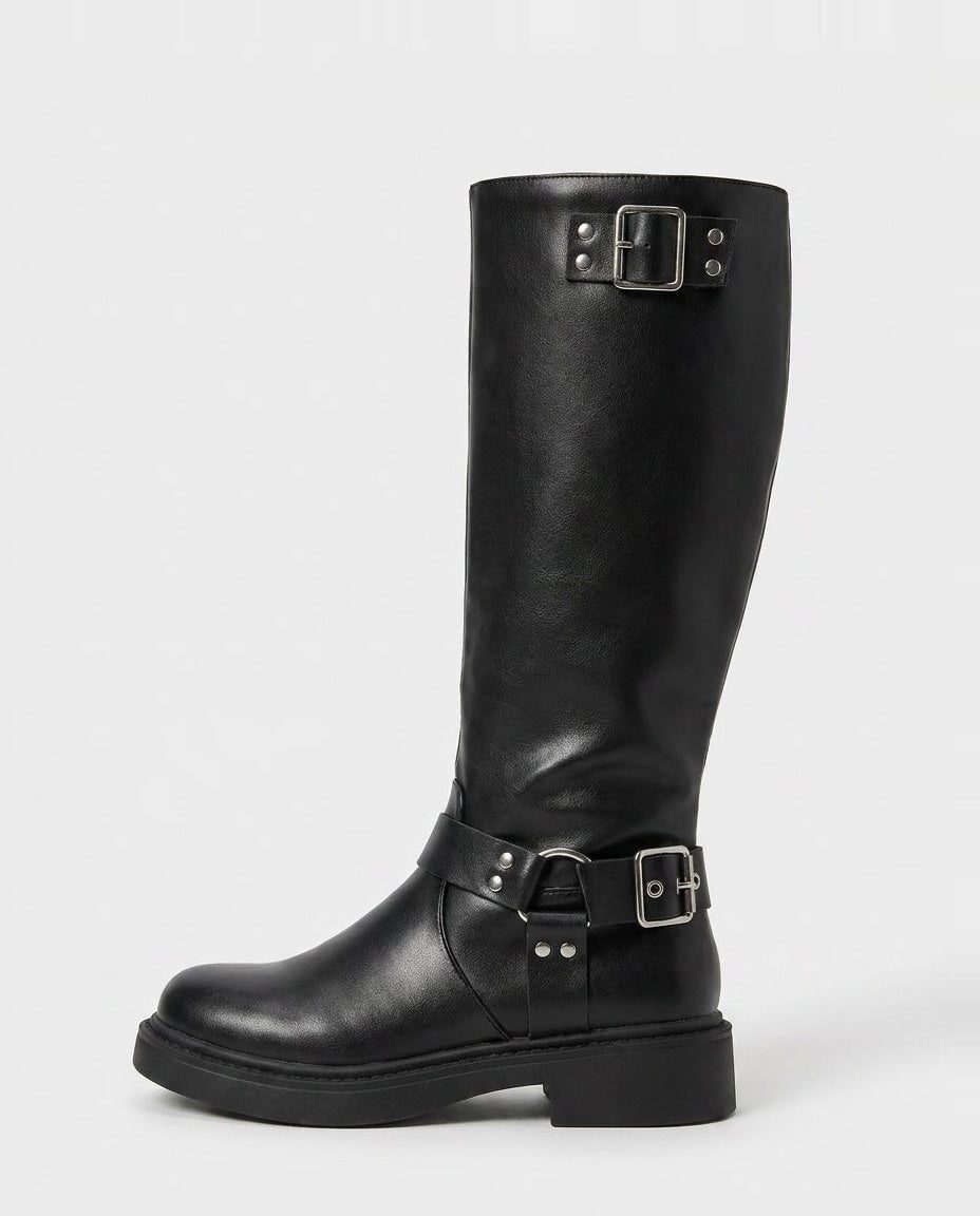 Tall buckle knee-high boots in black for women