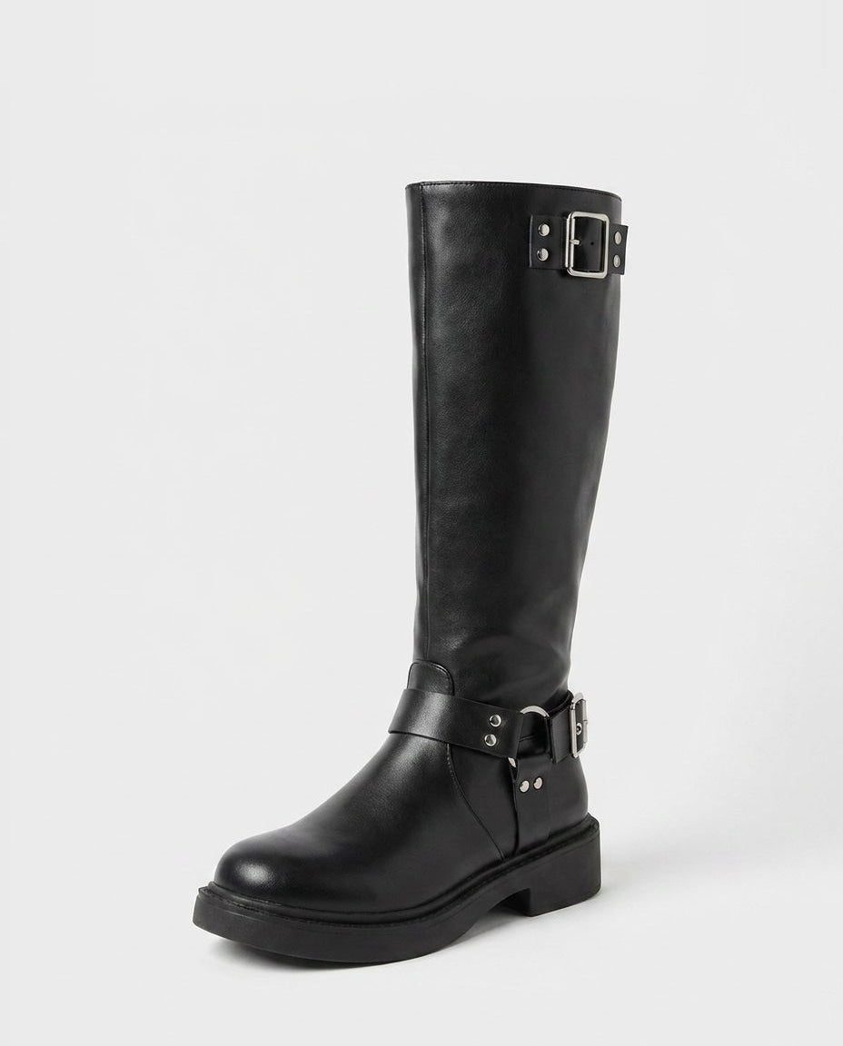 Tall buckle knee-high boots for women
