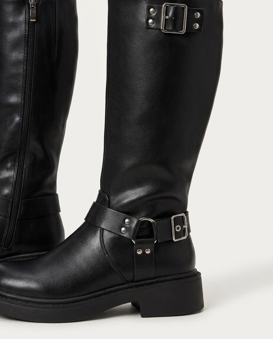 Tall buckle knee-high boots for women