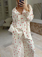 Heart print pajama set in white for women