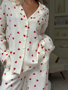 Heart print pajama set in white for women