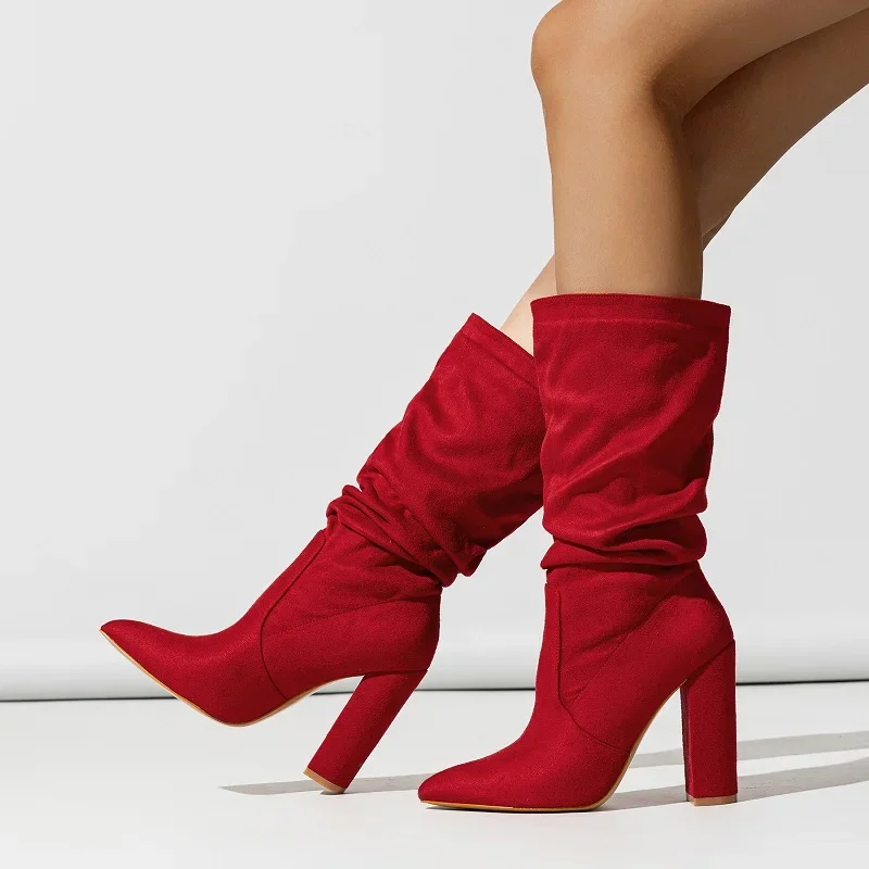 Suede-look block heel mid-calf slouch boots for women