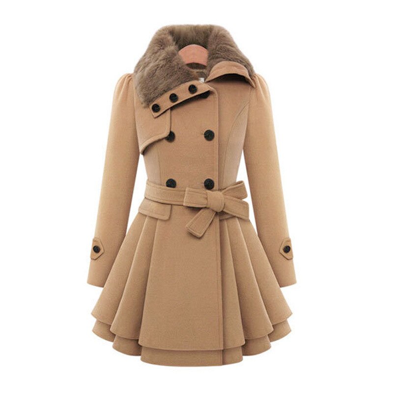 Belted peplum coat with faux fur collar in beige for women
