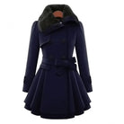 Belted peplum coat with faux fur collar in dark blue for women