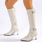 Pointed toe knee-high boots with buckle straps for women