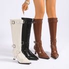 Pointed toe knee-high boots with buckle straps for women
