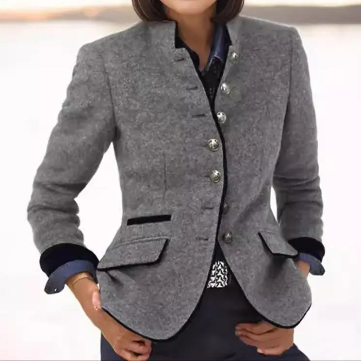 Stand collar blazer with piping for women