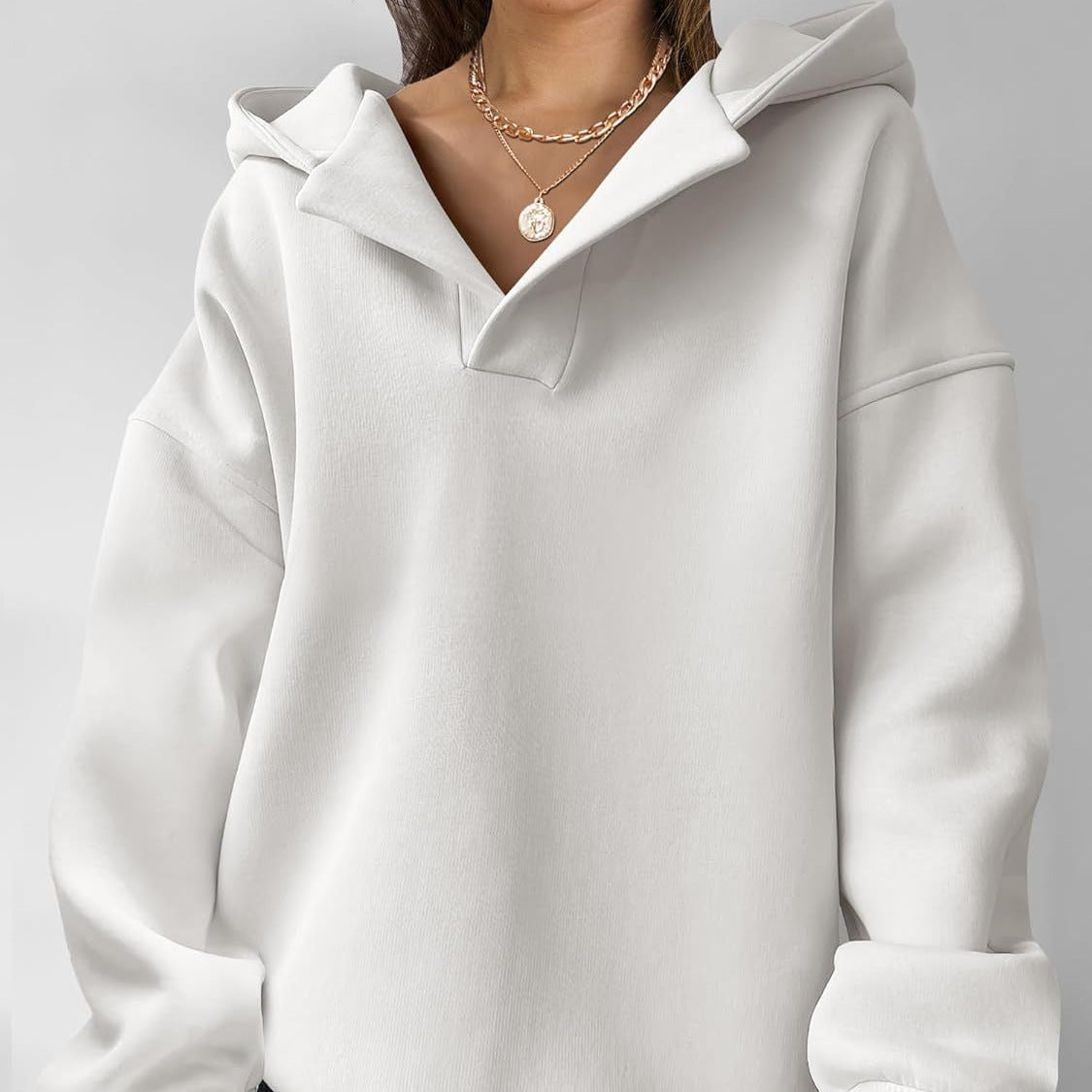 Oversized V-neck fleece hoodie for women