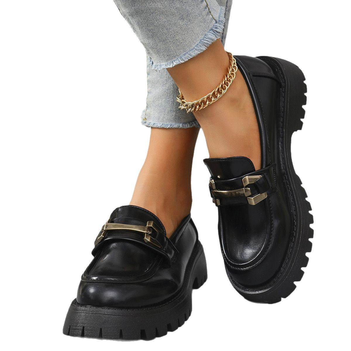 Black metal bar cleated chunky loafers for women