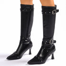 Pointed toe knee-high boots with buckle straps for women