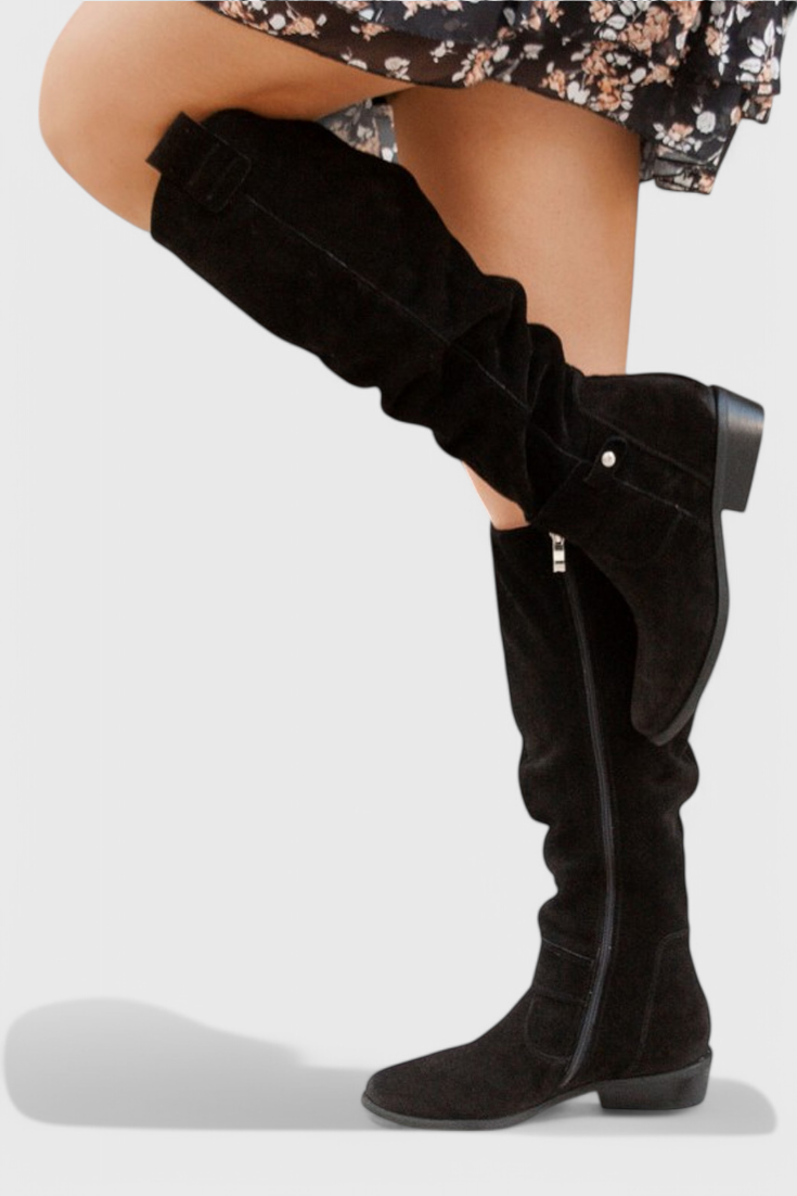 Suede-look wide calf riding boots for women