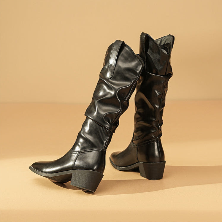 Pointed toe knee-high western slouch boots for women