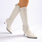 Pointed toe knee-high boots with buckle straps for women