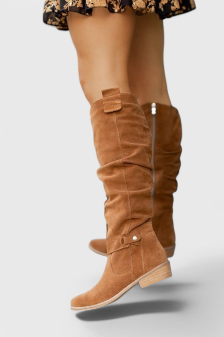 Suede-look wide calf riding boots for women