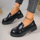 Black glossy lug sole chunky loafers for women