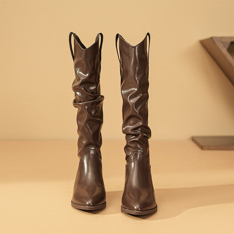 Pointed toe knee-high western slouch boots for women