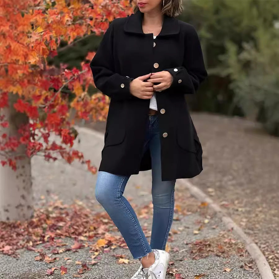 Oversized button-front coat in black for women