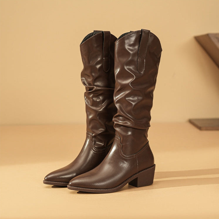 Pointed toe knee-high western slouch boots for women
