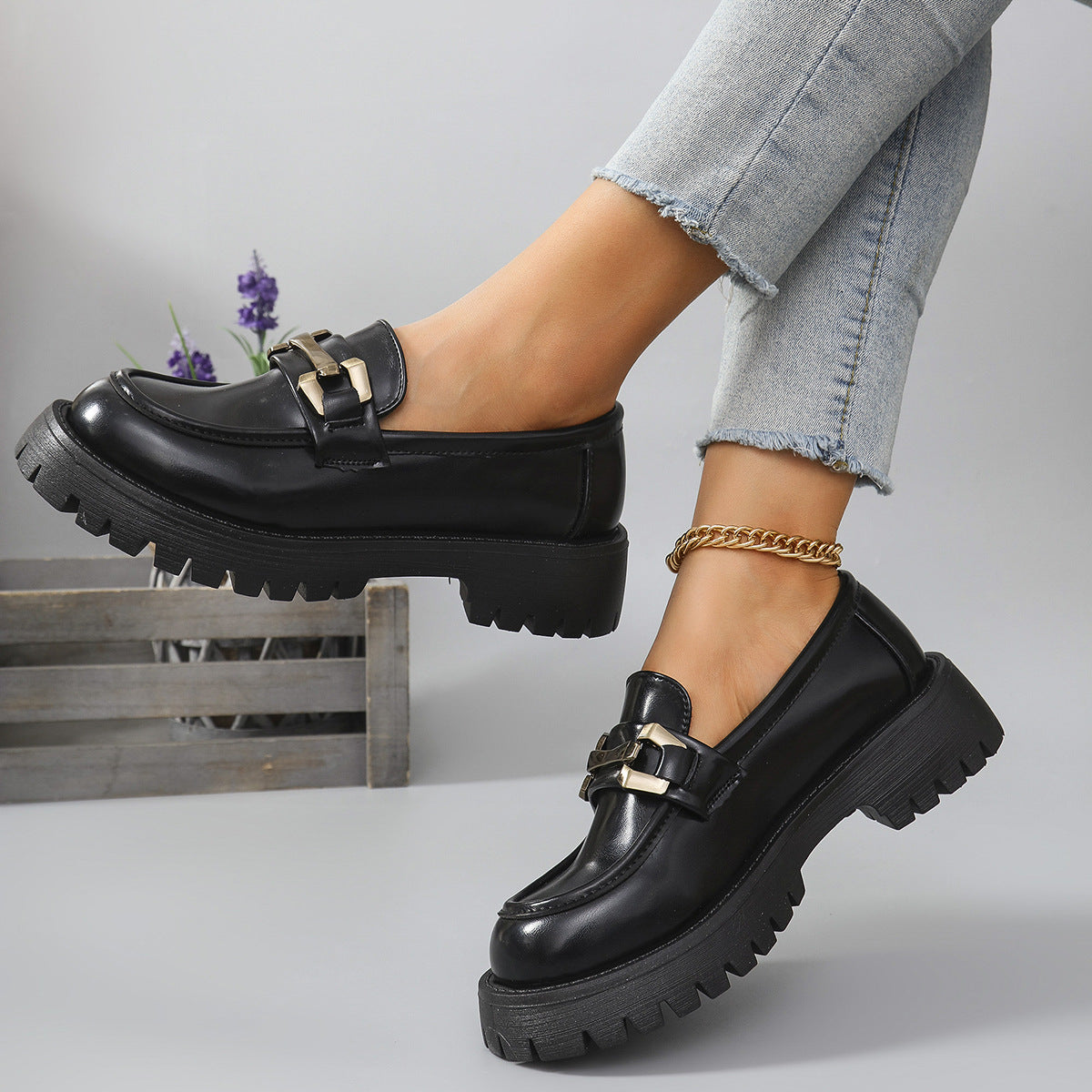 Black metal bar cleated chunky loafers for women