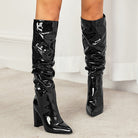 Patent block heel slouch boots for women