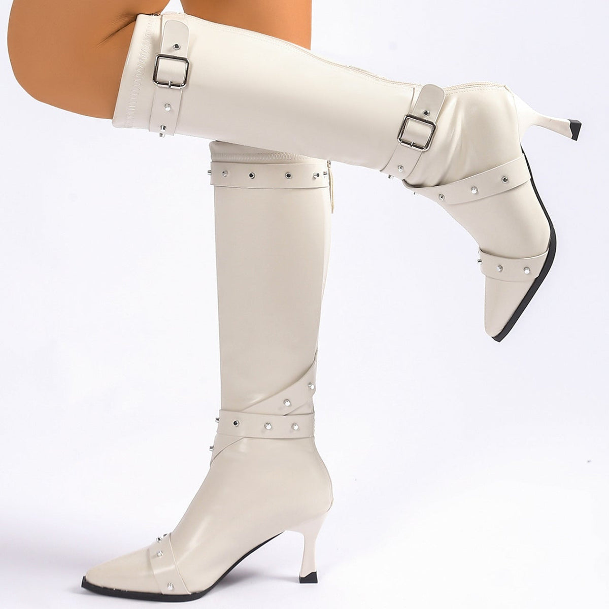 Pointed toe knee-high boots with buckle straps for women