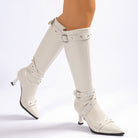 Pointed toe knee-high boots with buckle straps for women