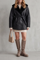 Oversized sherpa-lined leather belted coat for women