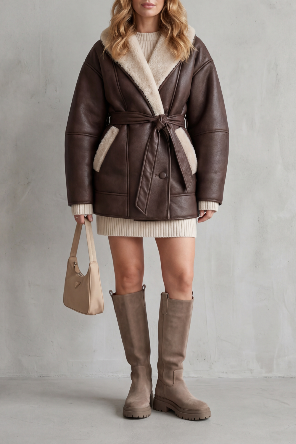 Oversized sherpa-lined leather belted coat for women