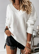 Oversized ribbed trim V-neck knit sweater for women