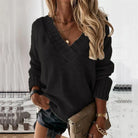 Oversized ribbed trim V-neck knit sweater for women