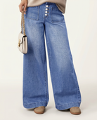Button front wide leg jeans for women