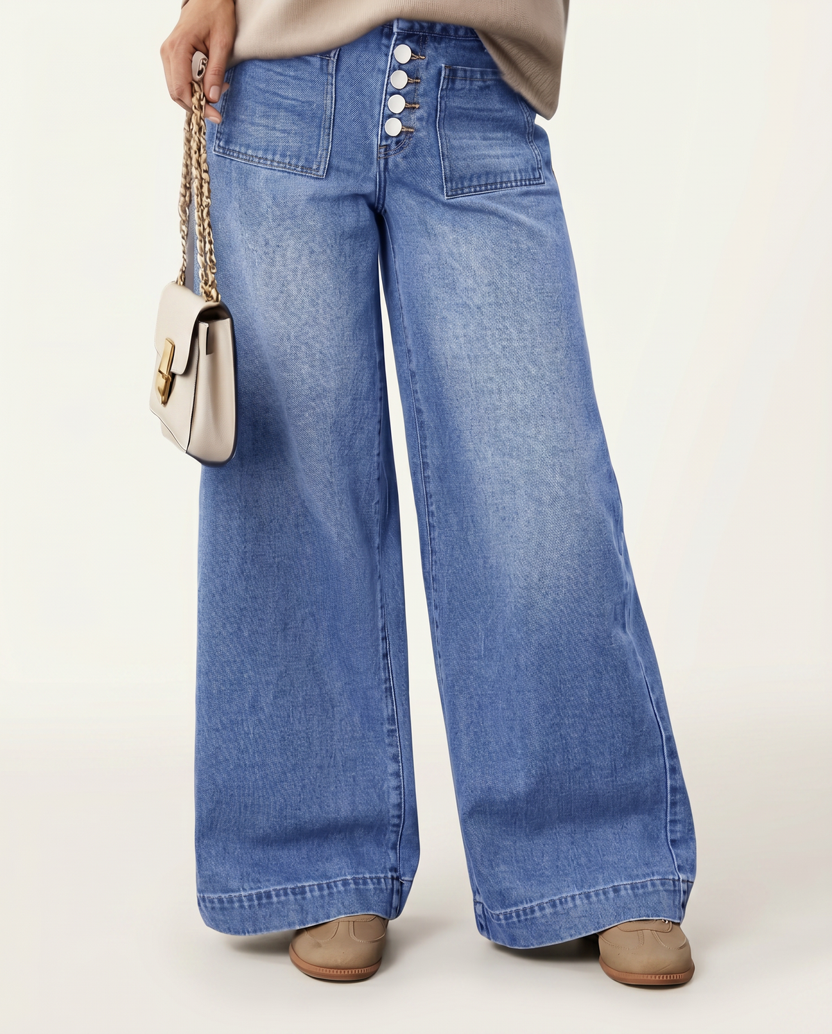 Button front wide leg jeans for women
