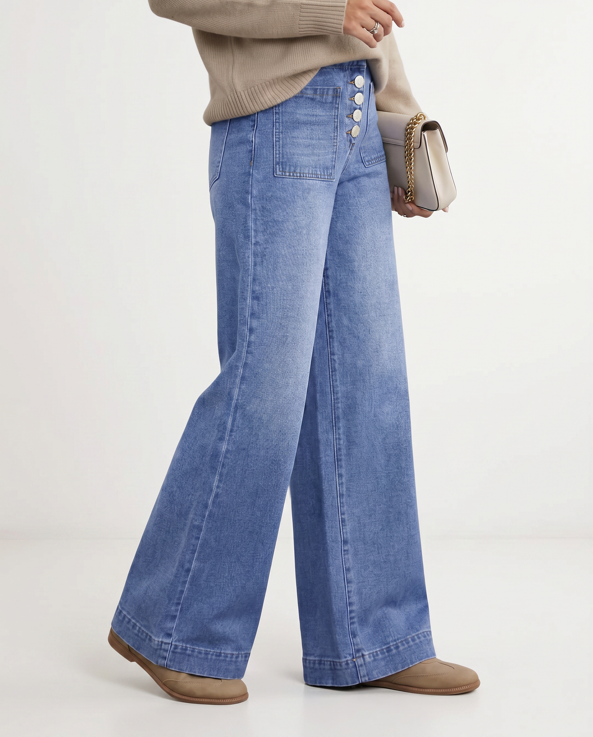 Button front wide leg jeans for women