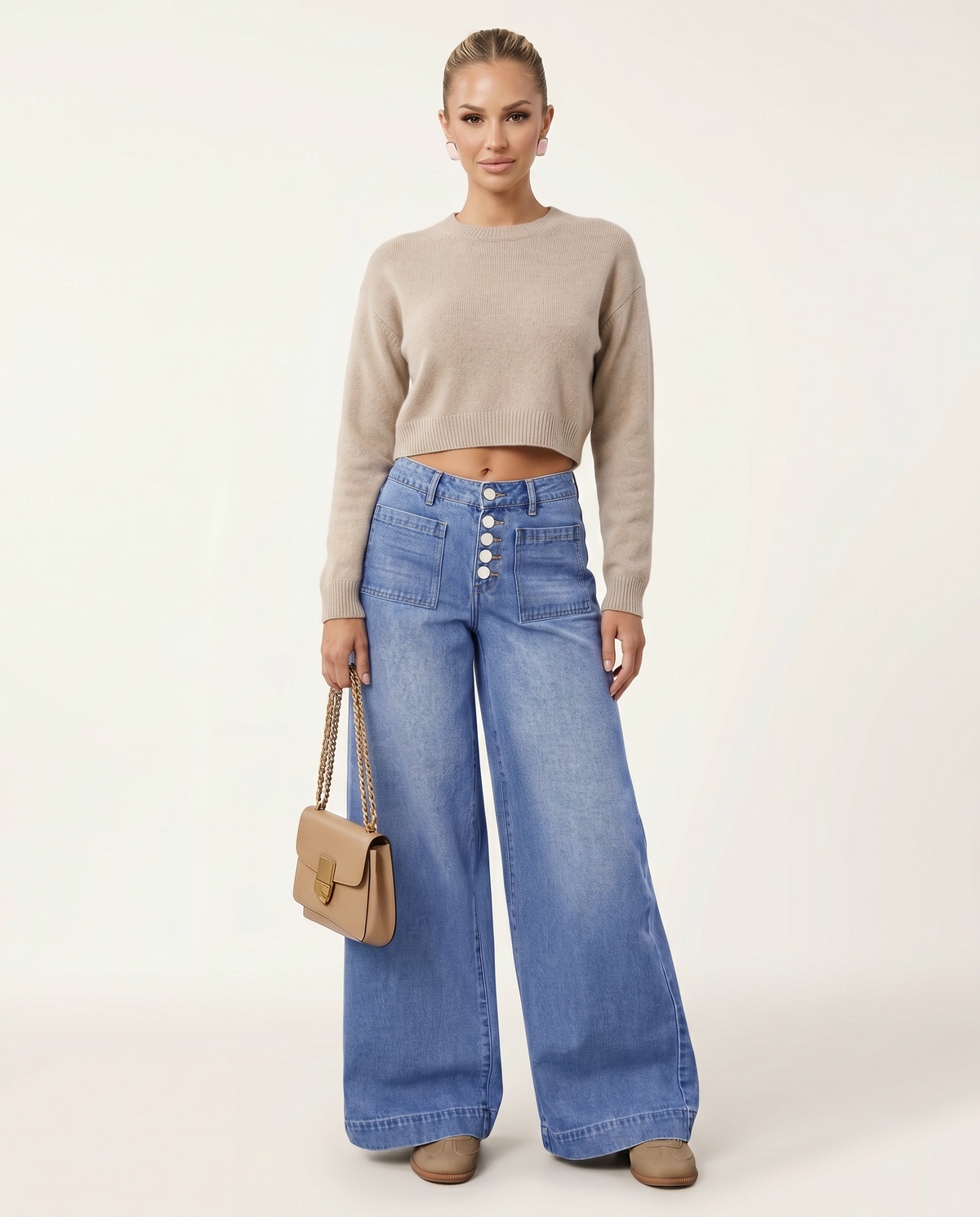 Button front wide leg jeans for women