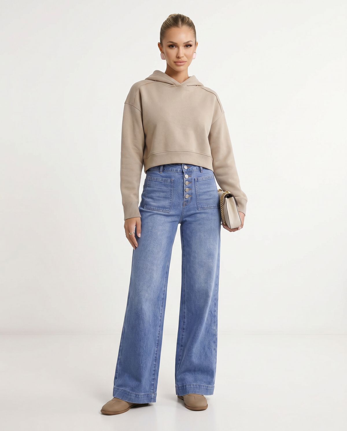 Button front wide leg jeans for women